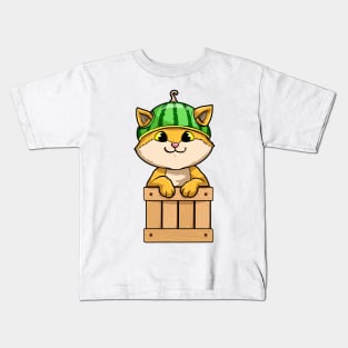 Funny cat with a watermelon on the head Kids T-Shirt